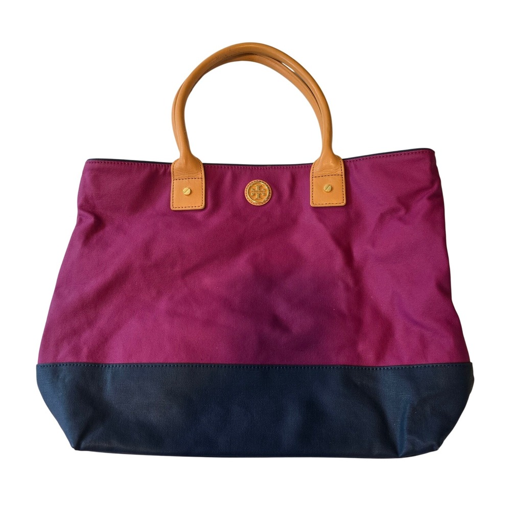 Tory Burch Jaden Toteβ Womens Large Purple Navy Canvas Leather Logo Shoulder Bag